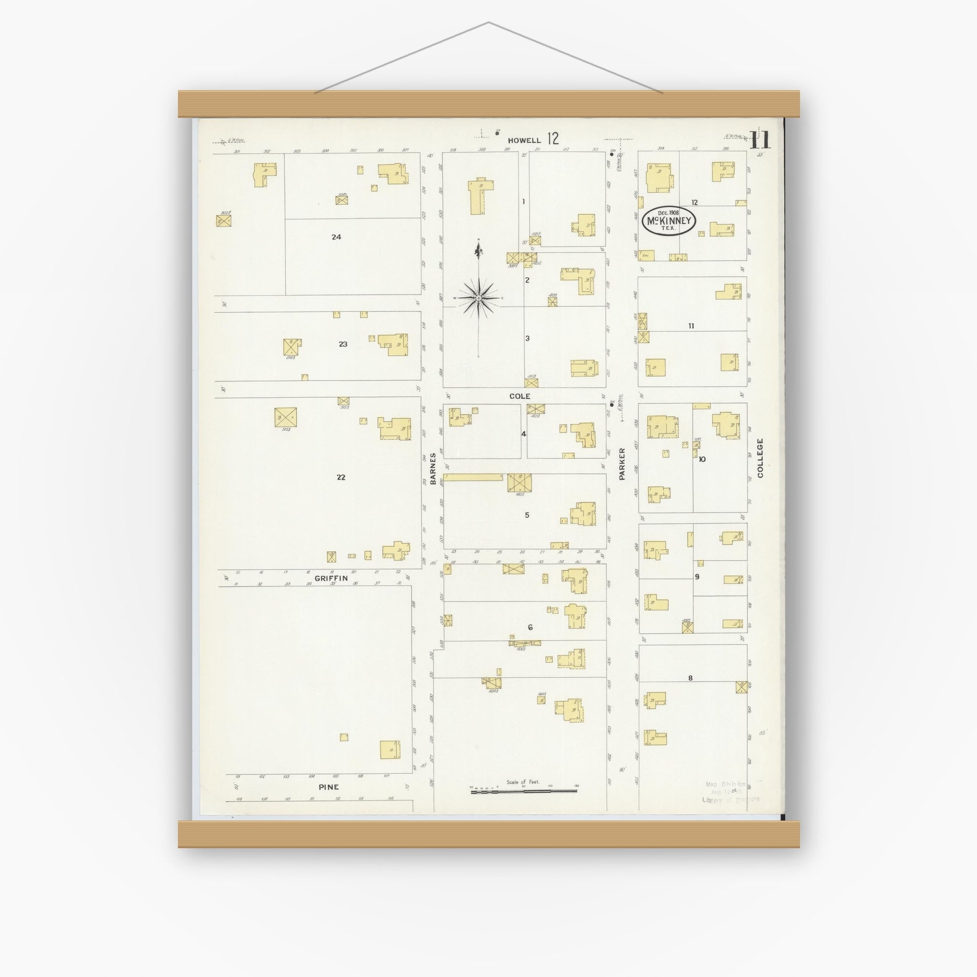 Old map wall art mockup — magnetic wood frame on white wall — Sanborn Fire Insurance Map from McKinney, Collin County, Texas (1908), Sheet #0011