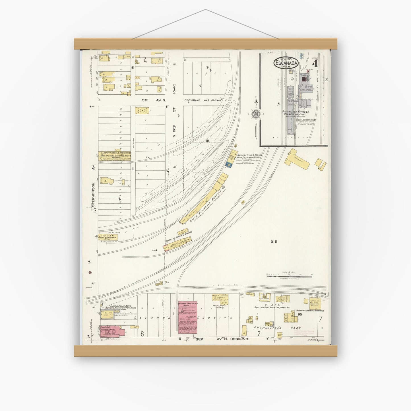 Old map wall art mockup — magnetic wood frame on white wall — Sanborn Fire Insurance Map from Escanaba, Delta County, Michigan (1921), Sheet #0004