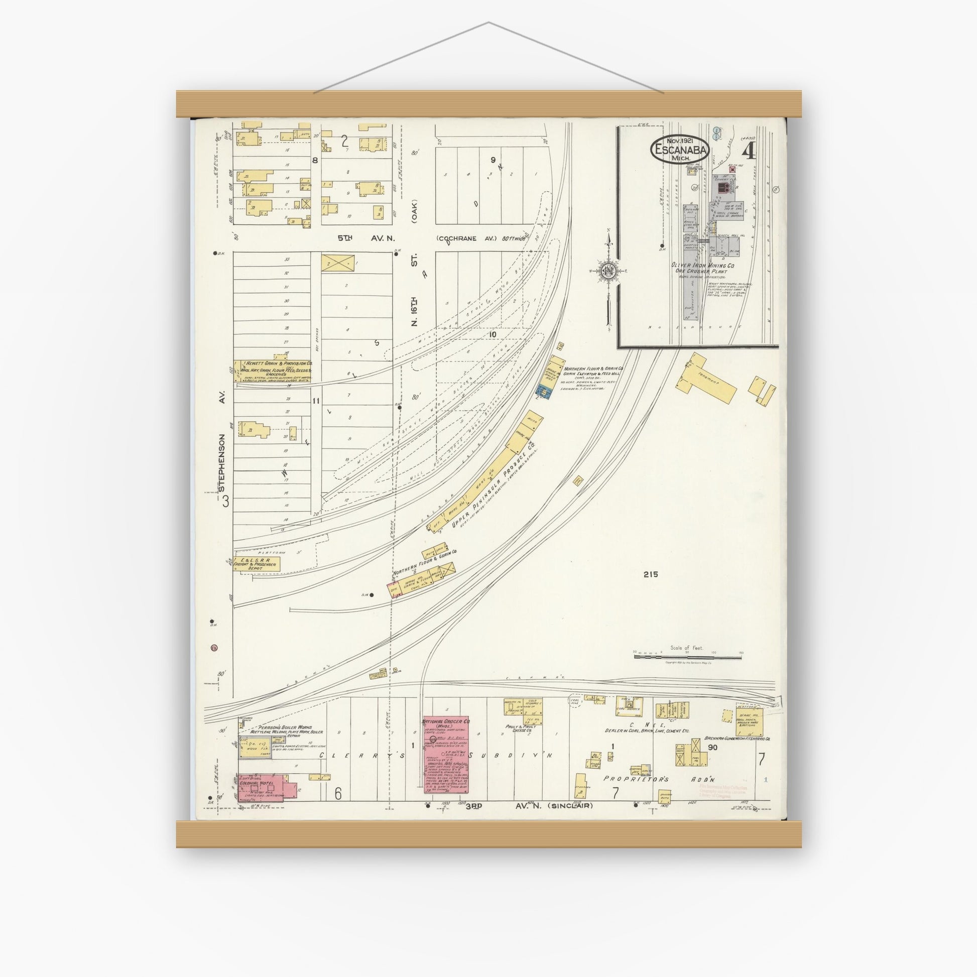 Old map wall art mockup — magnetic wood frame on white wall — Sanborn Fire Insurance Map from Escanaba, Delta County, Michigan (1921), Sheet #0004