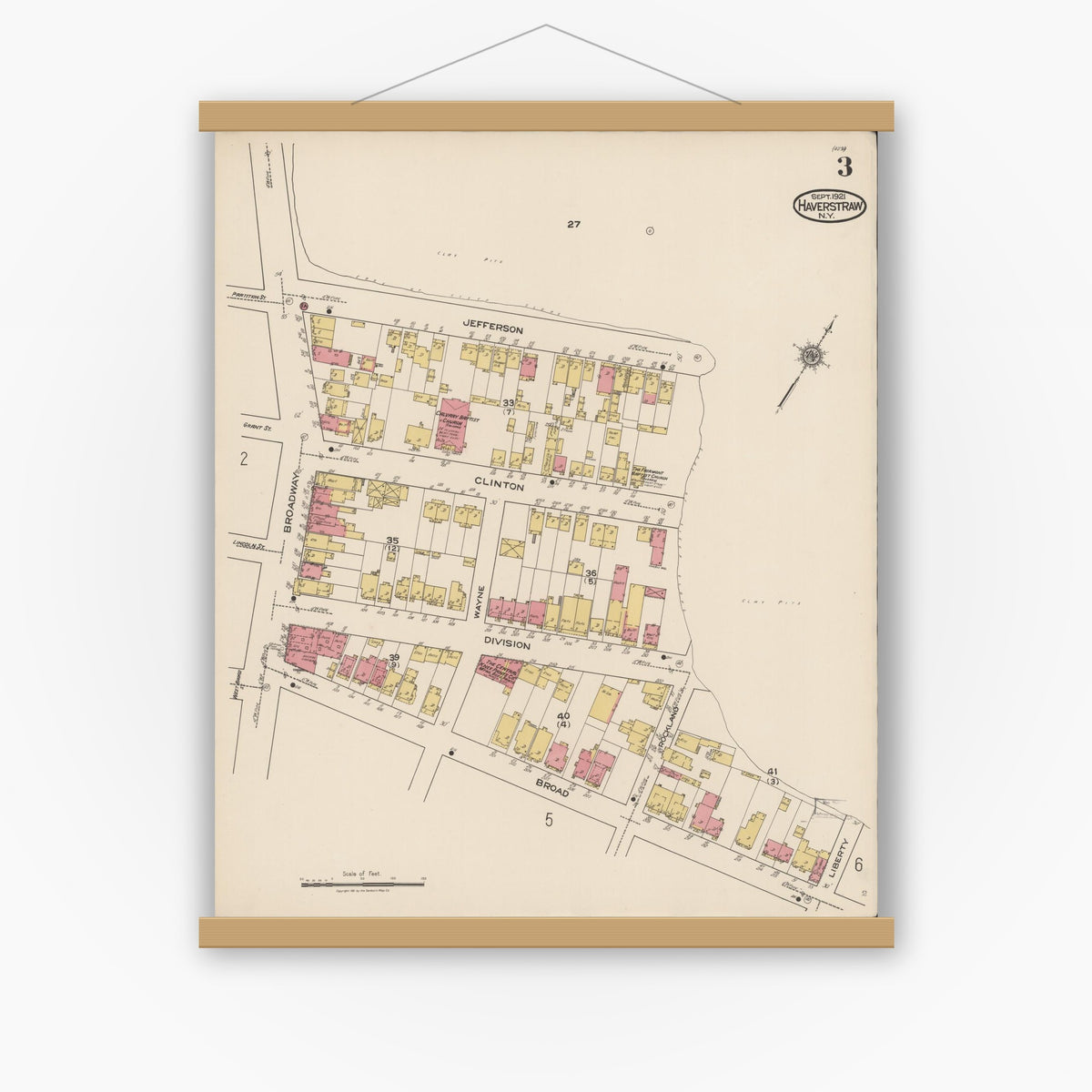 Old map wall art mockup — magnetic wood frame on white wall — Sanborn Fire Insurance Map from Haverstraw, Rockland County, New York (1921), Sheet #0003