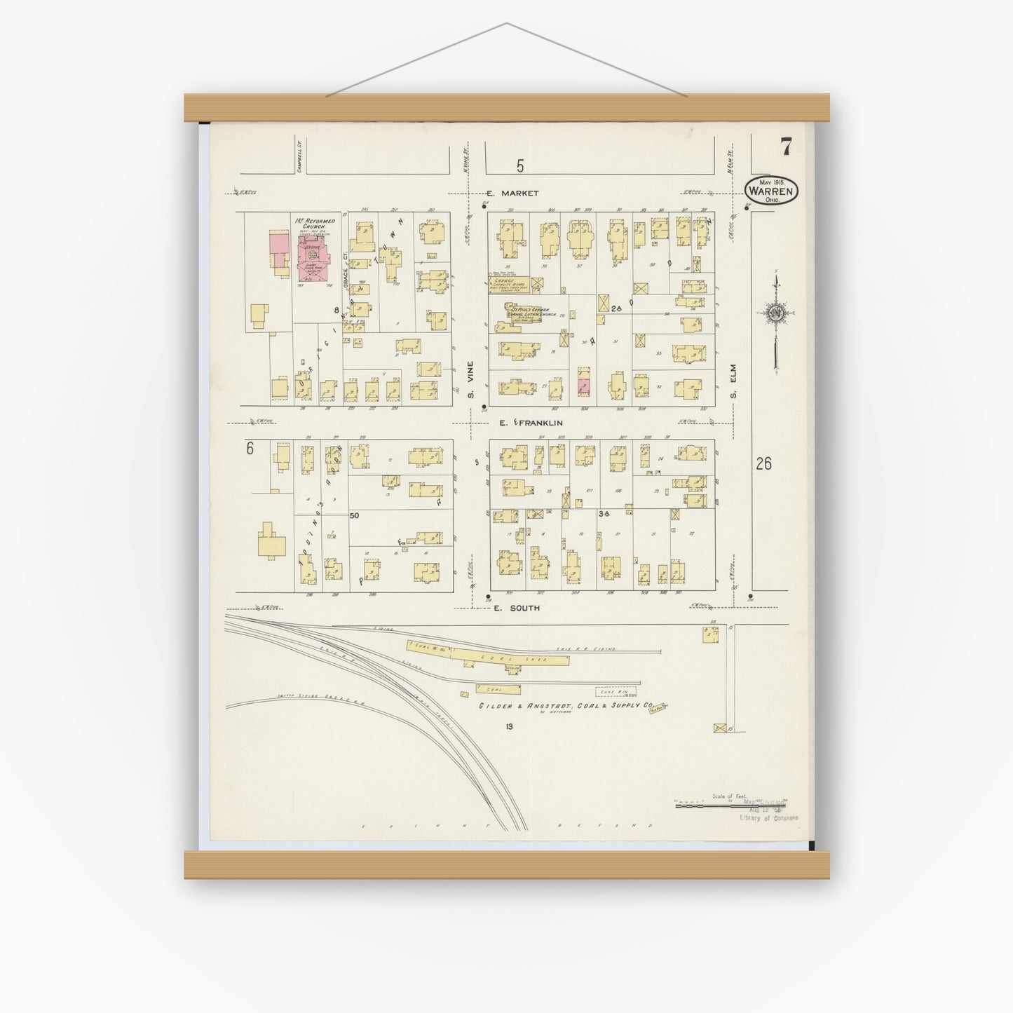 Old map wall art mockup — magnetic wood frame on white wall — Sanborn Fire Insurance Map from Warren, Trumbull County, Ohio (1915), Sheet #0007