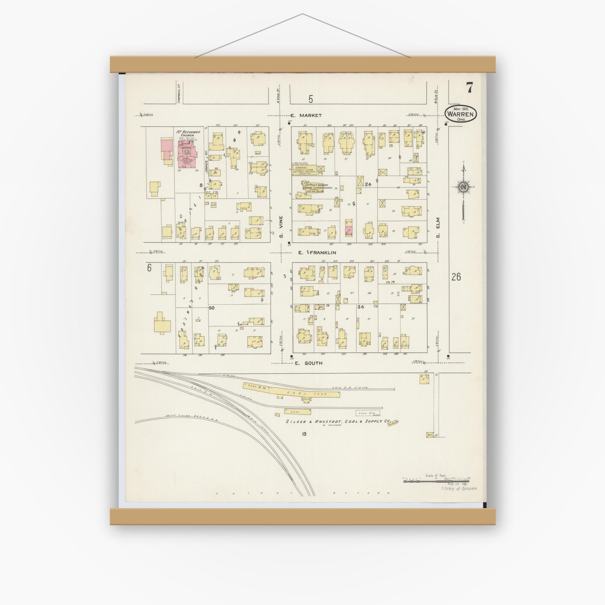 Old map wall art mockup — magnetic wood frame on white wall — Sanborn Fire Insurance Map from Warren, Trumbull County, Ohio (1915), Sheet #0007