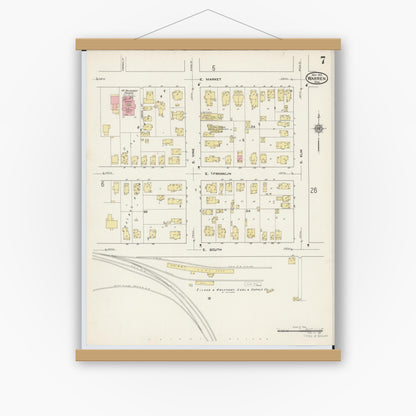Old map wall art mockup — magnetic wood frame on white wall — Sanborn Fire Insurance Map from Warren, Trumbull County, Ohio (1915), Sheet #0007