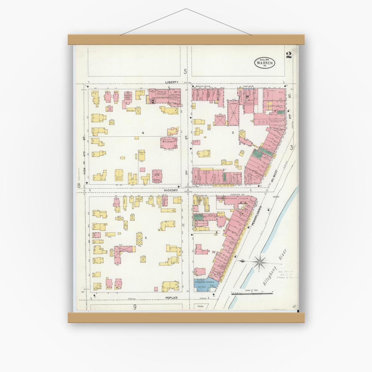 Old map wall art mockup — magnetic wood frame on white wall — Sanborn Fire Insurance Map from Warren, Warren County, Pennsylvania (1904), Sheet #0002