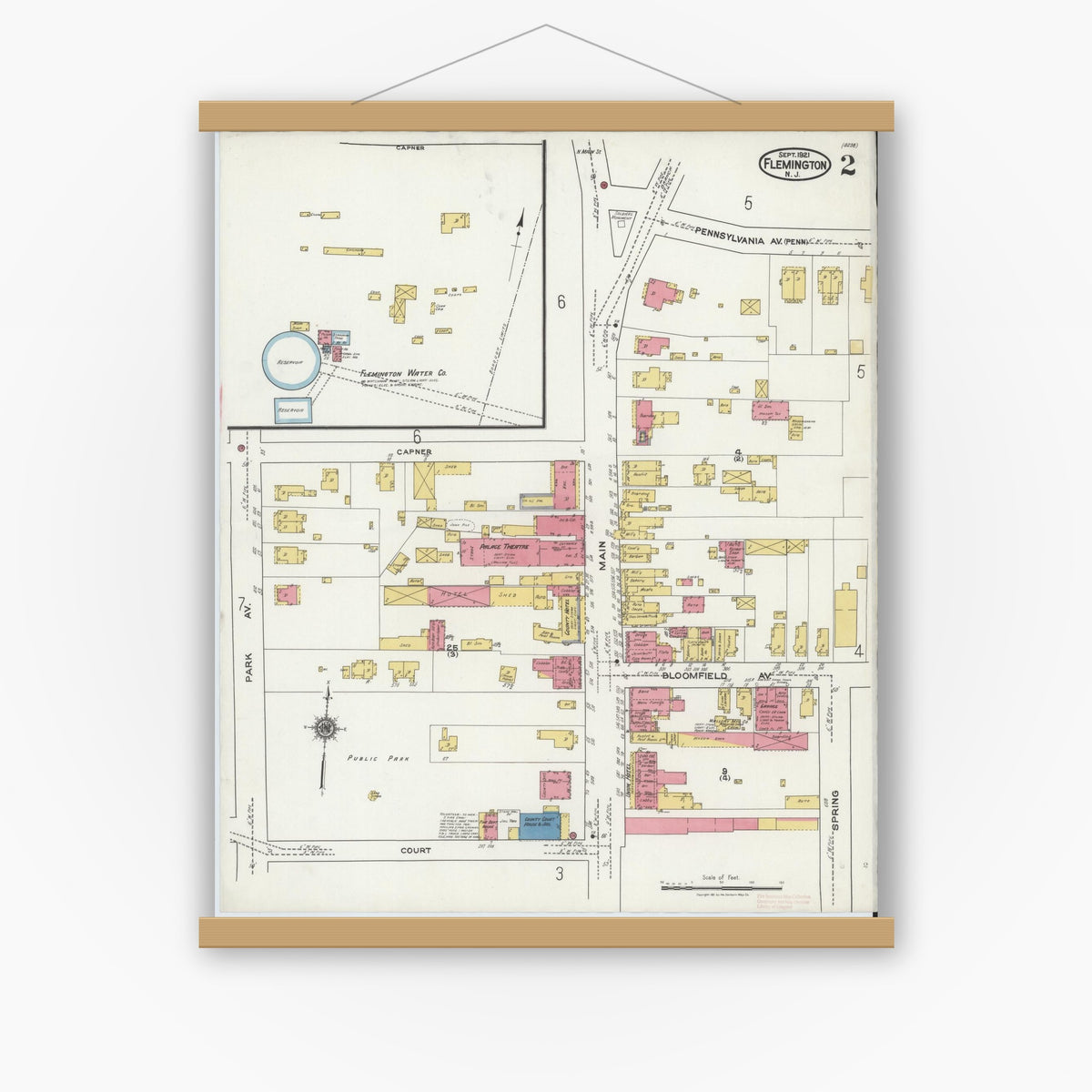 Old map wall art mockup — magnetic wood frame on white wall — Sanborn Fire Insurance Map from Flemington, Hunterdon County, New Jersey (1921), Sheet #0002