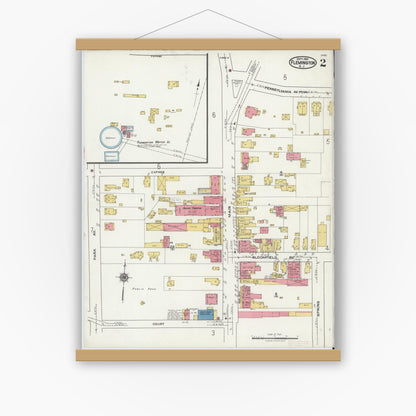 Old map wall art mockup — magnetic wood frame on white wall — Sanborn Fire Insurance Map from Flemington, Hunterdon County, New Jersey (1921), Sheet #0002