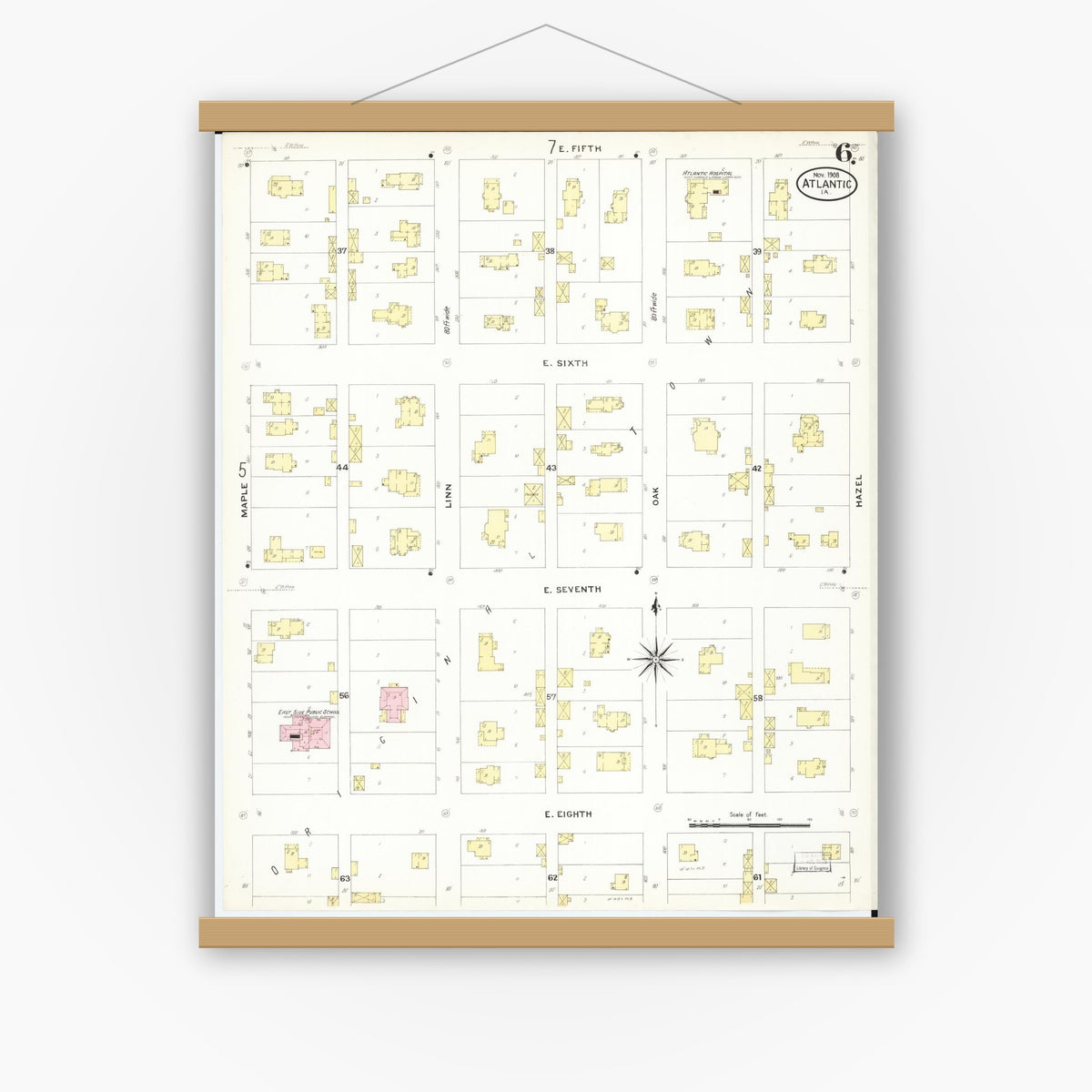 Old map wall art mockup — magnetic wood frame on white wall — Sanborn Fire Insurance Map from Atlantic, Cass County, Iowa (1908), Sheet #0006
