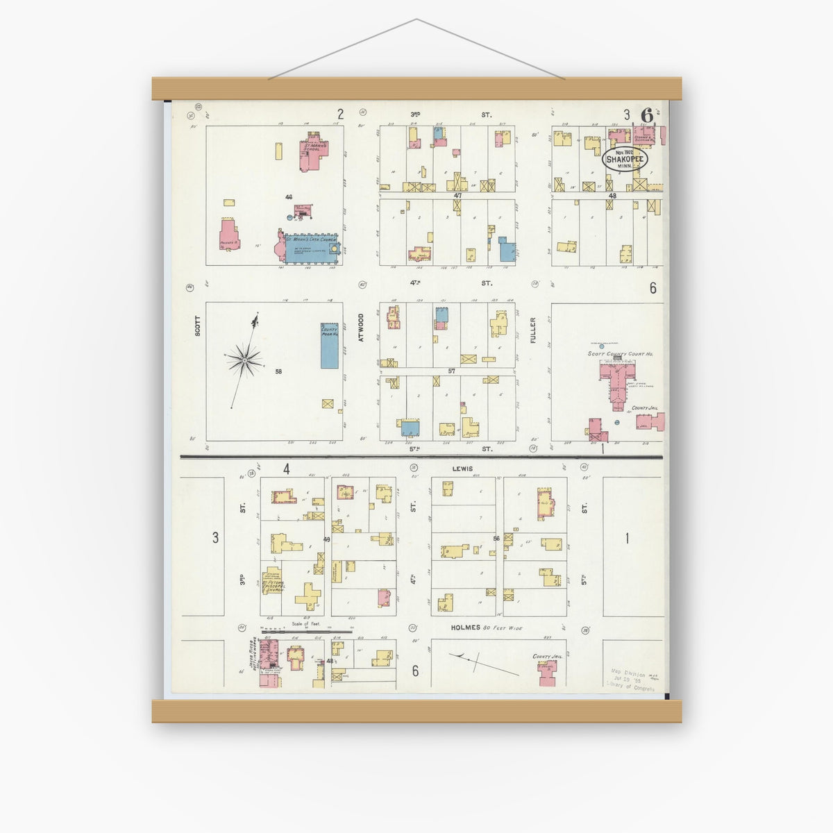 Old map wall art mockup — magnetic wood frame on white wall — Sanborn Fire Insurance Map from Shakopee, Scott County, Minnesota (1902), Sheet #0006