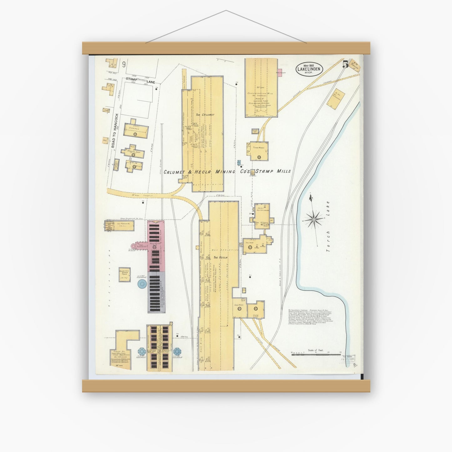 Old map wall art mockup — magnetic wood frame on white wall — Sanborn Fire Insurance Map from Lake Linden, Houghton County, Michigan (1908), Sheet #0005