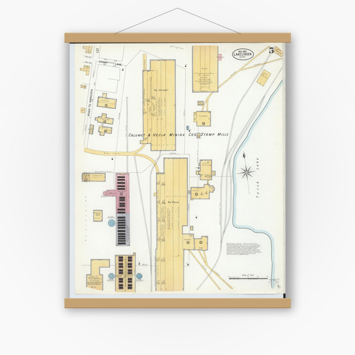 Old map wall art mockup — magnetic wood frame on white wall — Sanborn Fire Insurance Map from Lake Linden, Houghton County, Michigan (1908), Sheet #0005