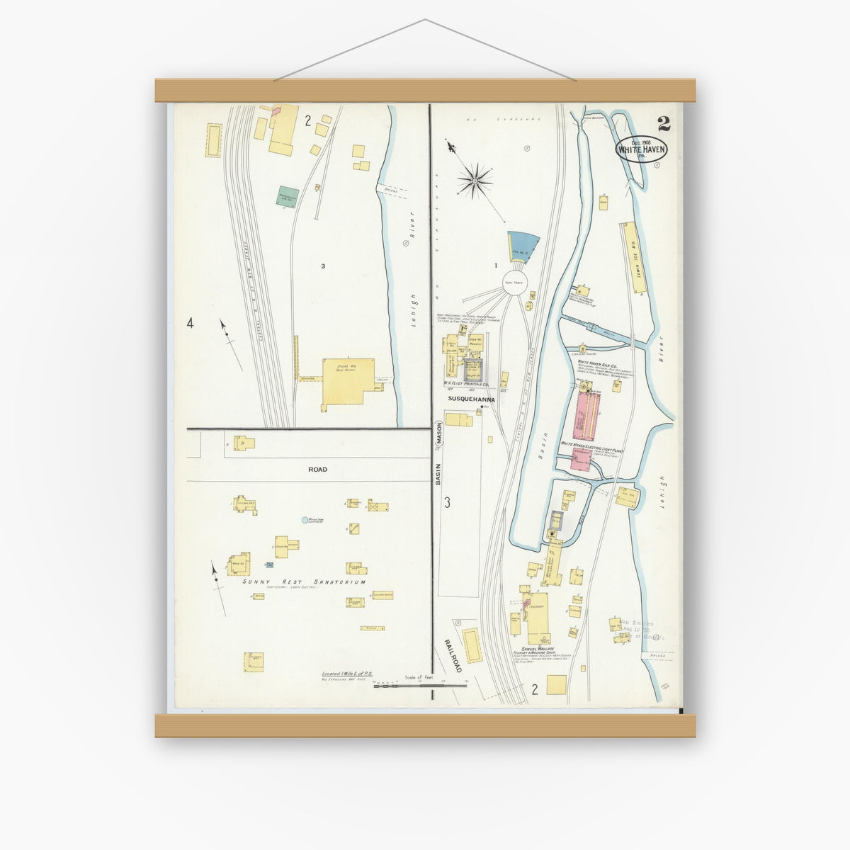 Old map wall art mockup — magnetic wood frame on white wall — Sanborn Fire Insurance Map from White Haven, Luzerne County, Pennsylvania (1908), Sheet #0002