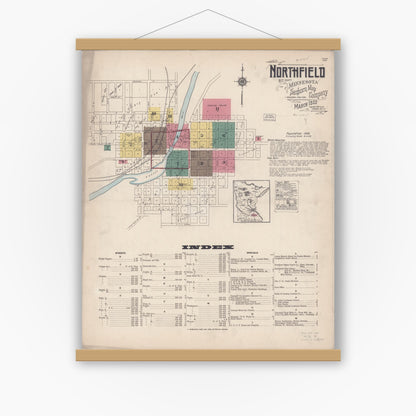 Old map wall art mockup — magnetic wood frame on white wall — Sanborn Fire Insurance Map from Northfield, Rice County, Minnesota (1922) - Complete Map Set