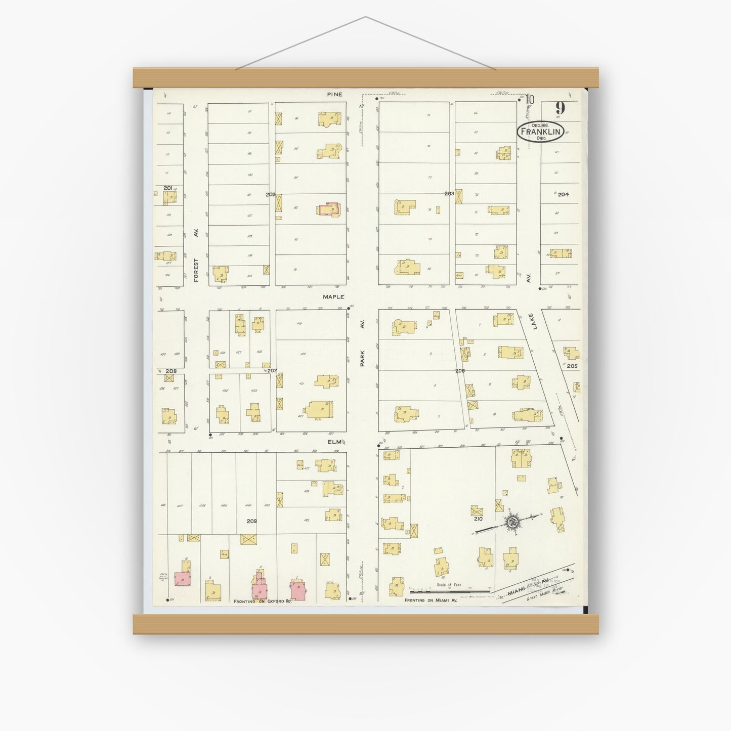 Old map wall art mockup — magnetic wood frame on white wall — Sanborn Fire Insurance Map from Franklin, Warren County, Ohio (1916), Sheet #0009