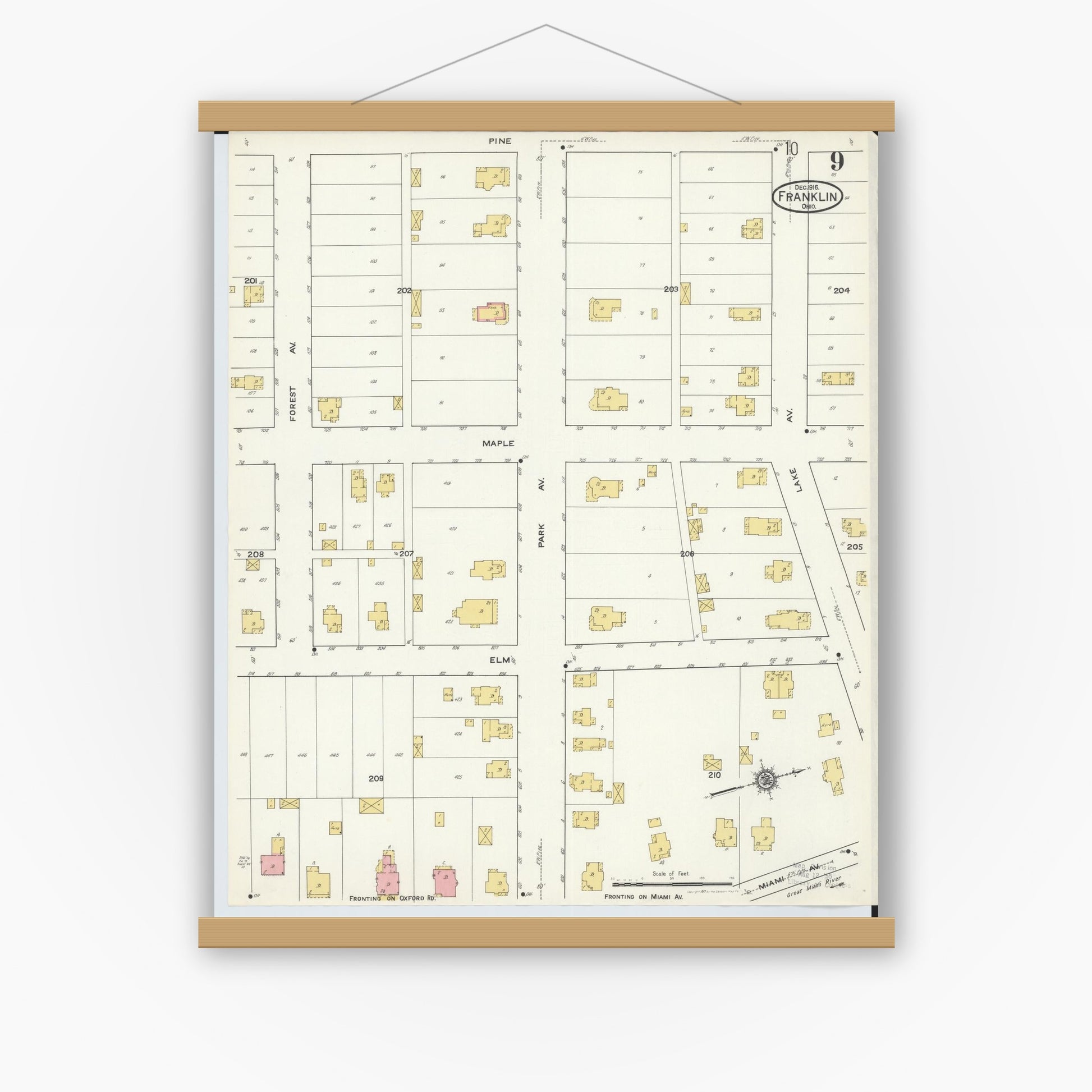 Old map wall art mockup — magnetic wood frame on white wall — Sanborn Fire Insurance Map from Franklin, Warren County, Ohio (1916), Sheet #0009