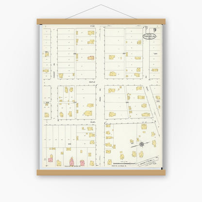 Old map wall art mockup — magnetic wood frame on white wall — Sanborn Fire Insurance Map from Franklin, Warren County, Ohio (1916), Sheet #0009