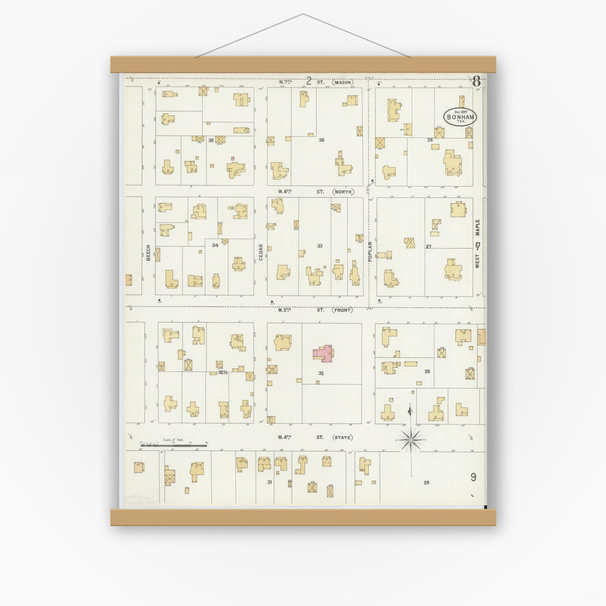 Old map wall art mockup — magnetic wood frame on white wall — Sanborn Fire Insurance Map from Bonham, Fannin County, Texas (1897), Sheet #0008