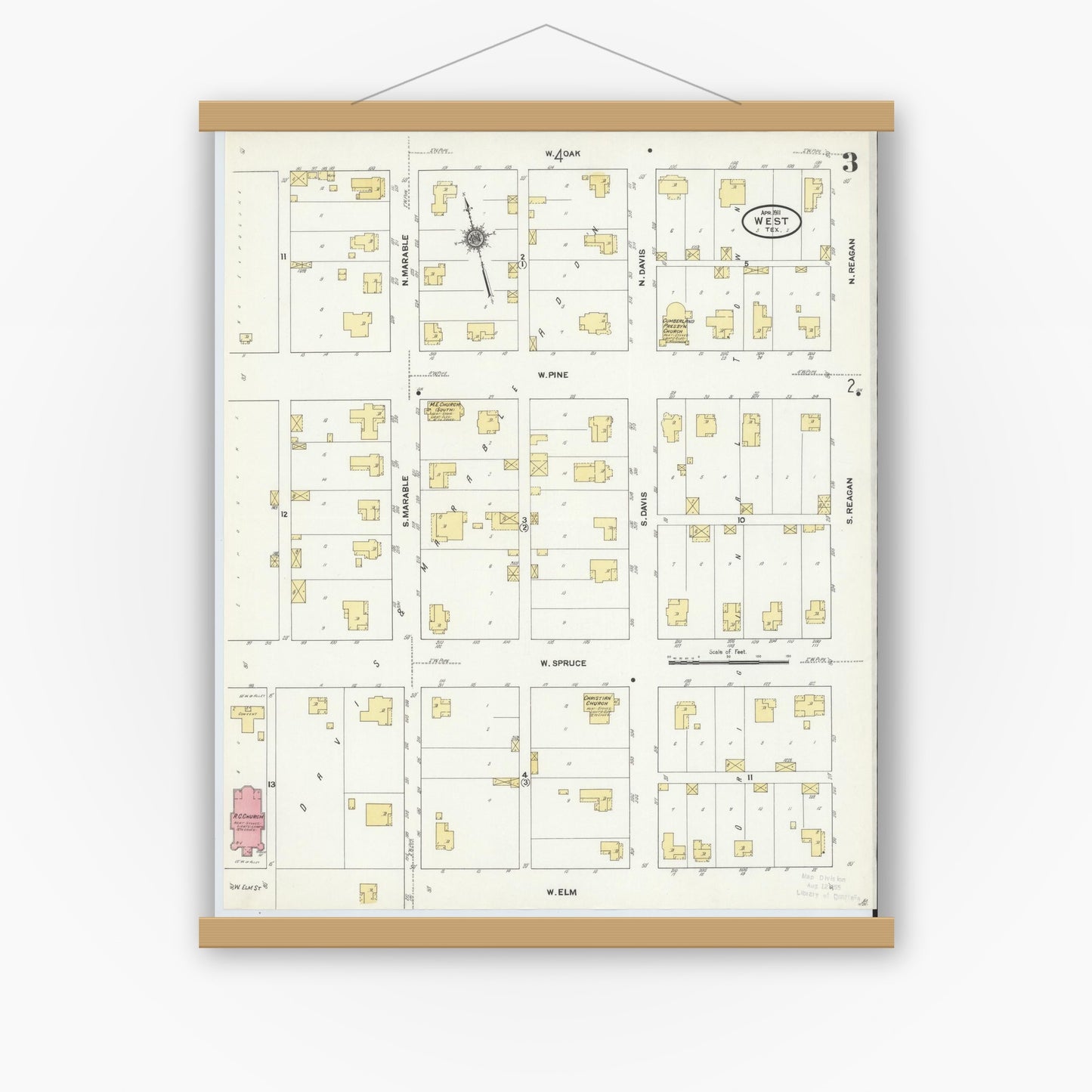 Old map wall art mockup — magnetic wood frame on white wall — Sanborn Fire Insurance Map from West, McLennan County, Texas (1911), Sheet #0003