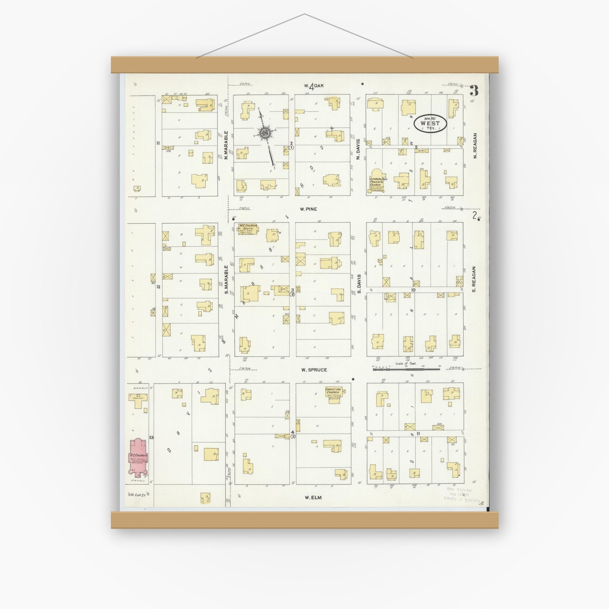 Old map wall art mockup — magnetic wood frame on white wall — Sanborn Fire Insurance Map from West, McLennan County, Texas (1911), Sheet #0003