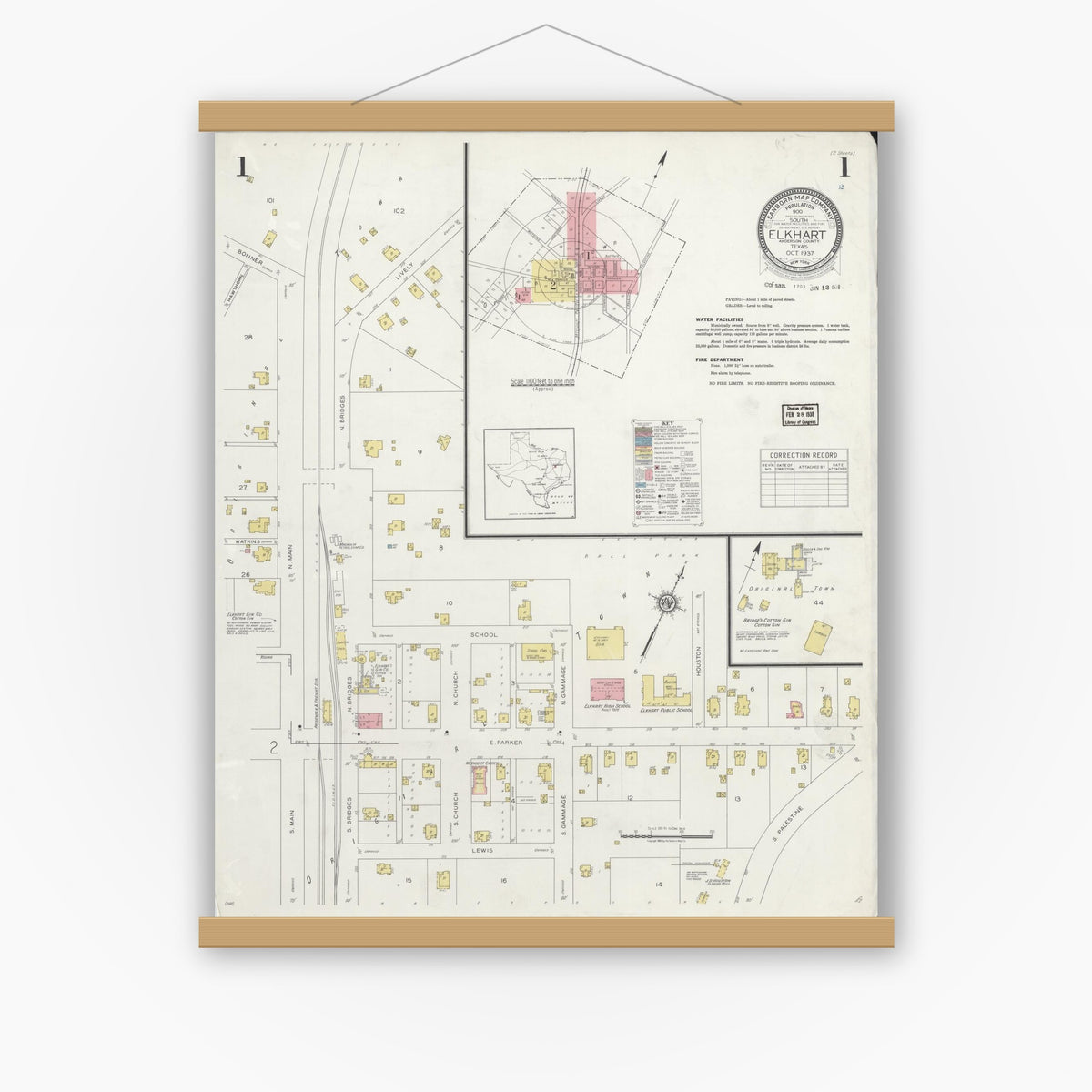Old map wall art mockup — magnetic wood frame on white wall — Sanborn Fire Insurance Map from Elkhart, Anderson County, Texas (1937), Sheet #0001