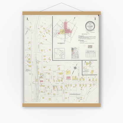 Old map wall art mockup — magnetic wood frame on white wall — Sanborn Fire Insurance Map from Elkhart, Anderson County, Texas (1937), Sheet #0001