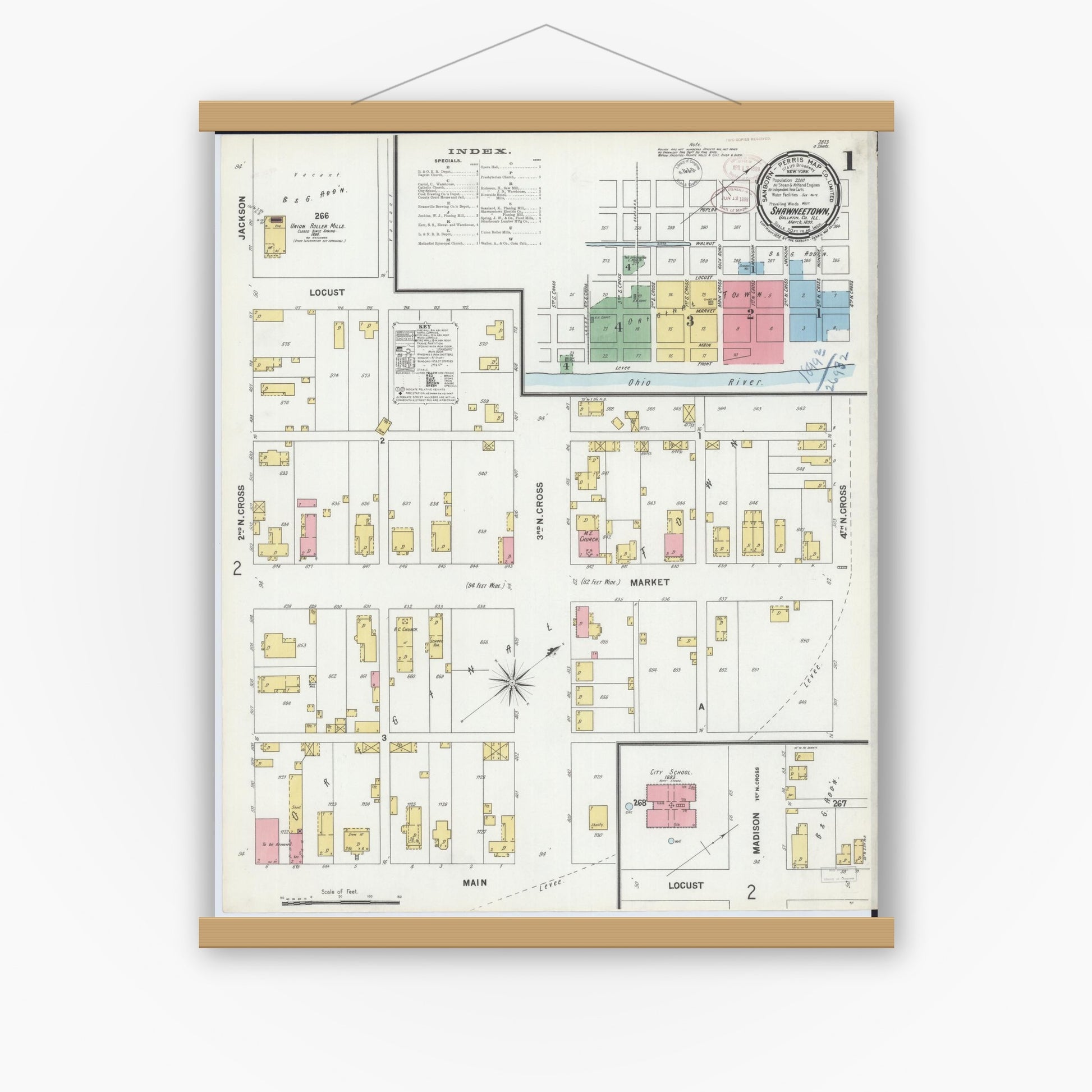 Old map wall art mockup — magnetic wood frame on white wall — Sanborn Fire Insurance Map from Shawneetown, Gallatin County, Illinois (1899) - Complete Map Set