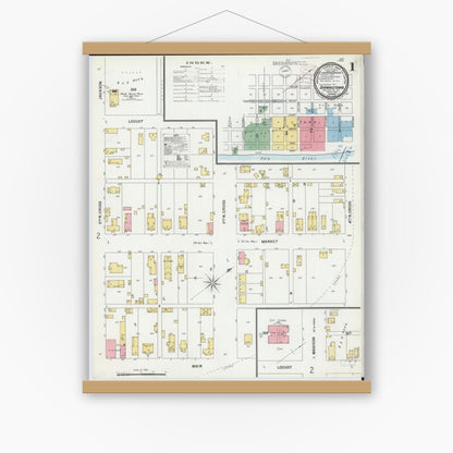Old map wall art mockup — magnetic wood frame on white wall — Sanborn Fire Insurance Map from Shawneetown, Gallatin County, Illinois (1899) - Complete Map Set