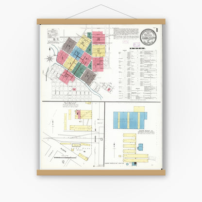 Old map wall art mockup — magnetic wood frame on white wall — Sanborn Fire Insurance Map from Charles City, Floyd County, Iowa (1909) â€” Complete Set