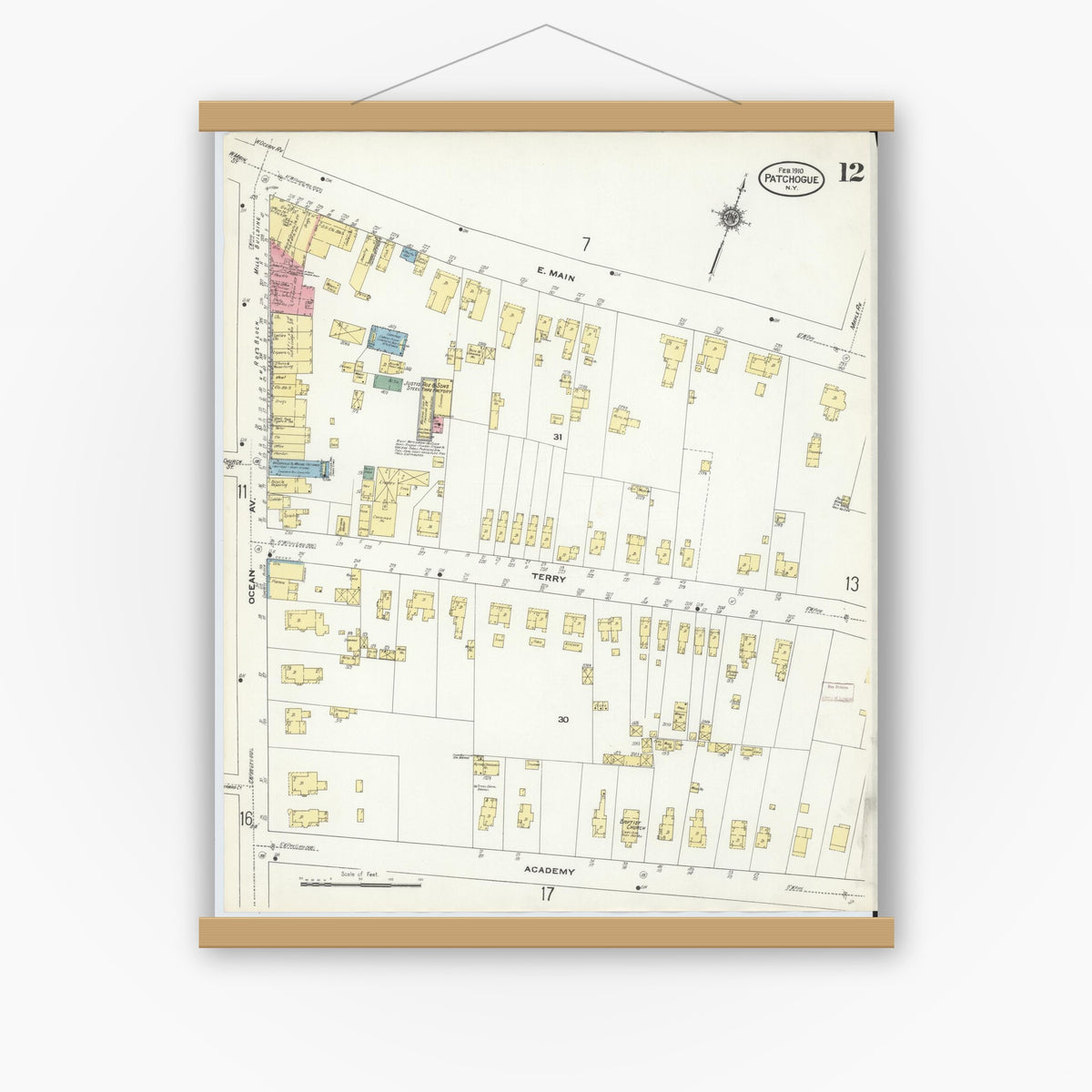 Old map wall art mockup — magnetic wood frame on white wall — Sanborn Fire Insurance Map from Patchogue, Suffolk County, New York (1910), Sheet #0012