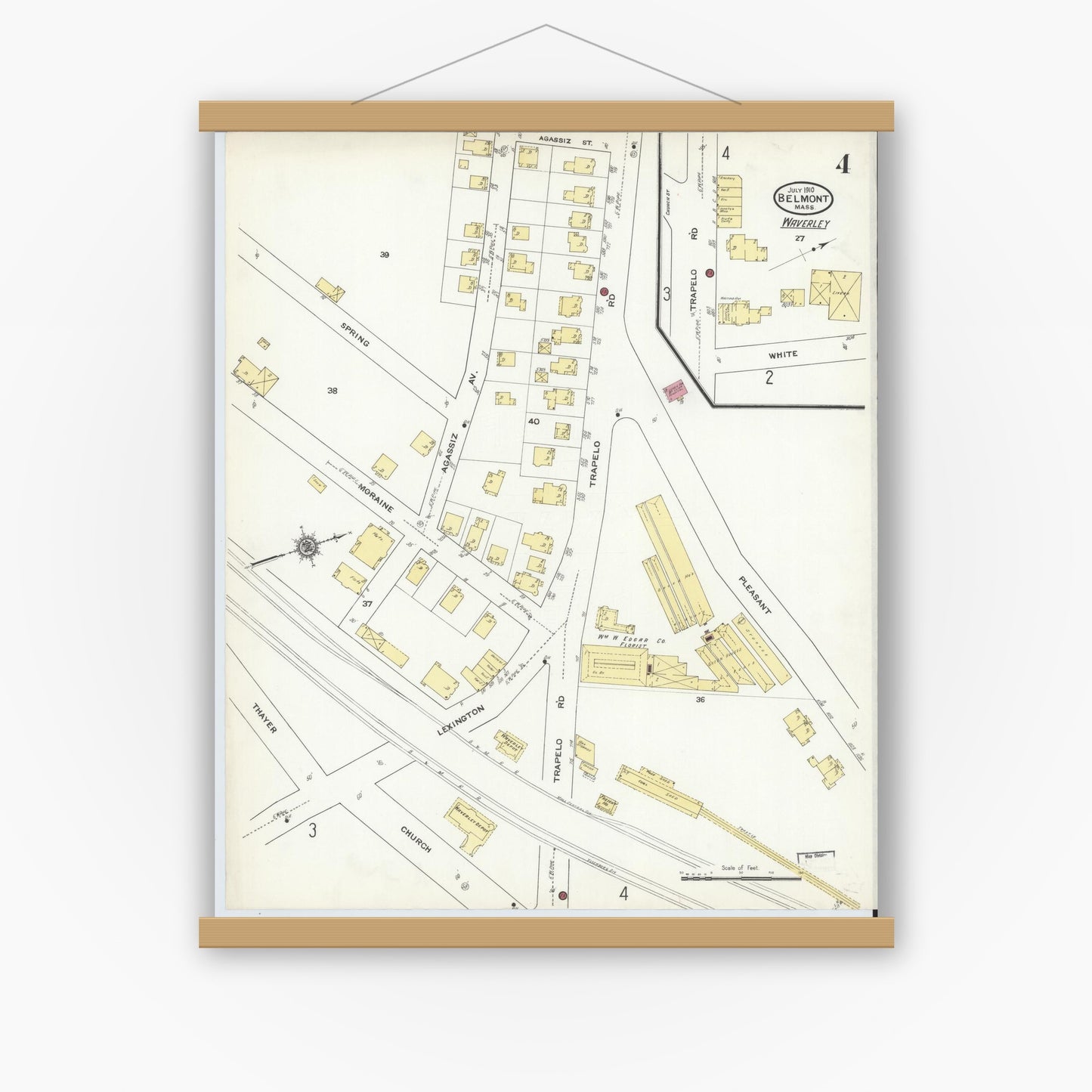 Old map wall art mockup — magnetic wood frame on white wall — Sanborn Fire Insurance Map from Belmont, Middlesex County, Massachusetts (1910), Sheet #0004