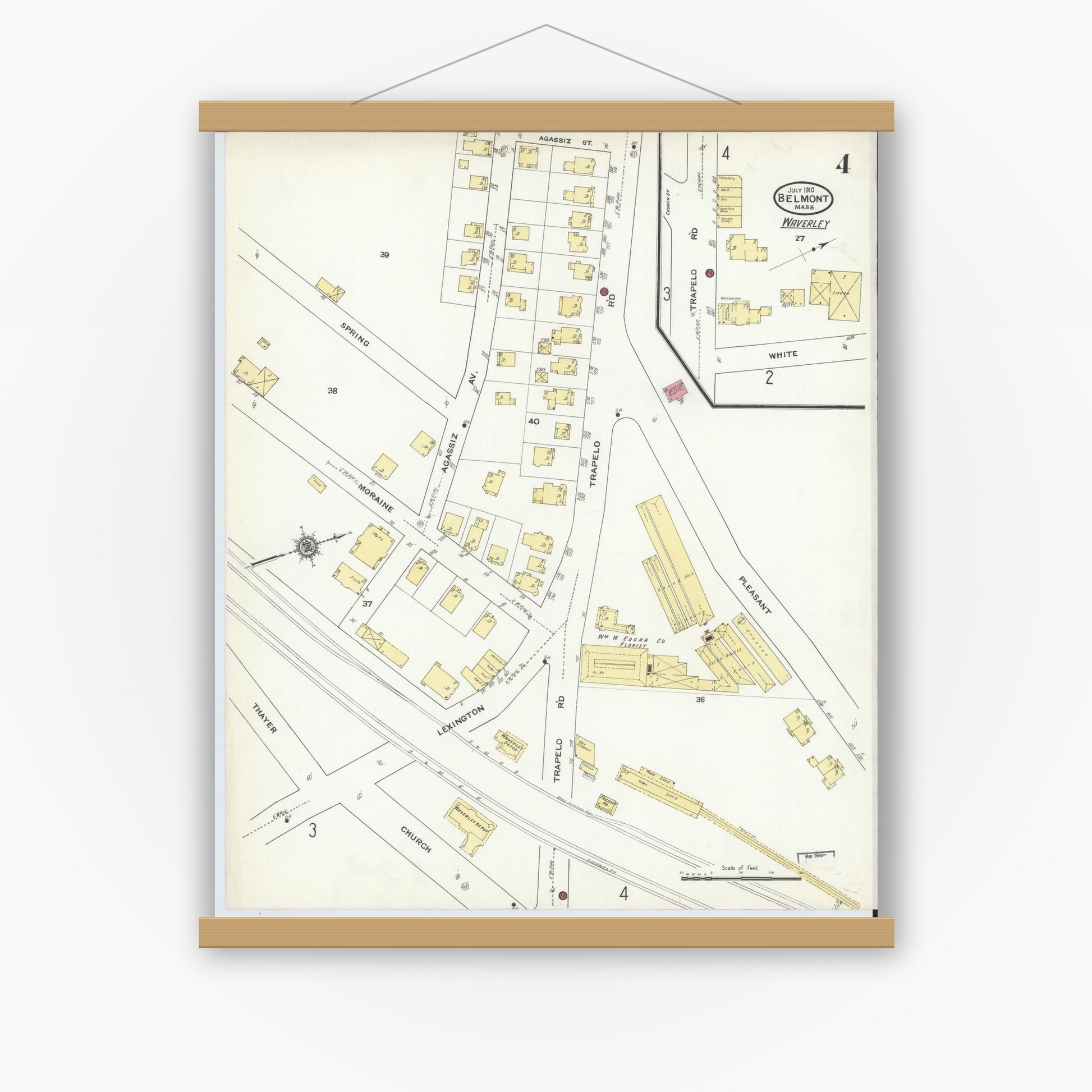 Old map wall art mockup — magnetic wood frame on white wall — Sanborn Fire Insurance Map from Belmont, Middlesex County, Massachusetts (1910), Sheet #0004