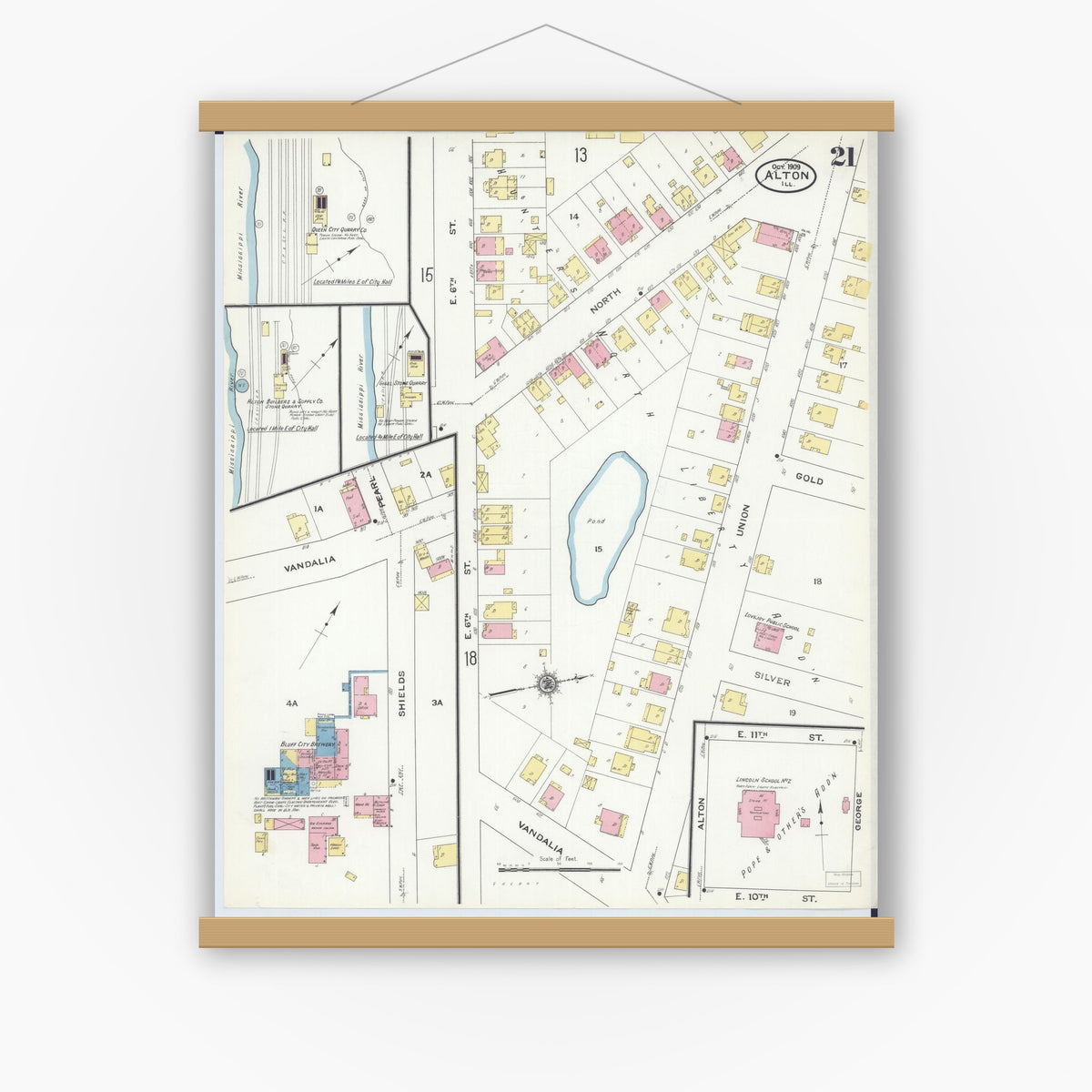 Old map wall art mockup — magnetic wood frame on white wall — Sanborn Fire Insurance Map from Alton, Madison County, Illinois (1909), Sheet #0021