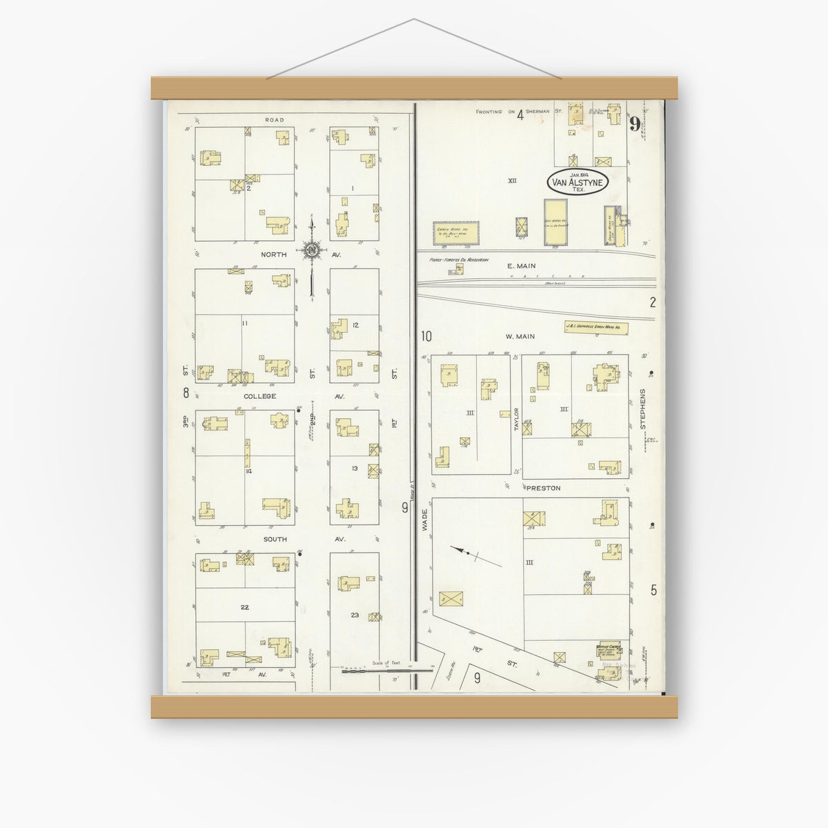 Old map wall art mockup — magnetic wood frame on white wall — Sanborn Fire Insurance Map from Van Alstyne, Grayson County, Texas (1914), Sheet #0009