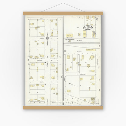 Old map wall art mockup — magnetic wood frame on white wall — Sanborn Fire Insurance Map from Van Alstyne, Grayson County, Texas (1914), Sheet #0009