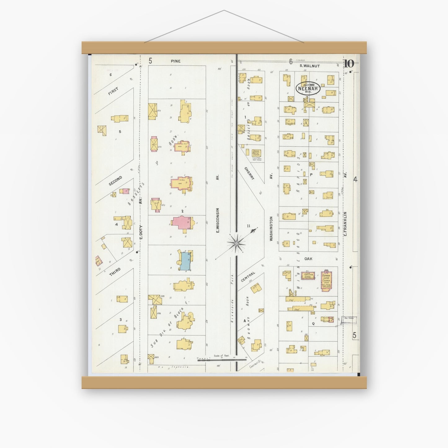 Old map wall art mockup — magnetic wood frame on white wall — Sanborn Fire Insurance Map from Neenah, Winnebago County, Wisconsin (1900), Sheet #0010