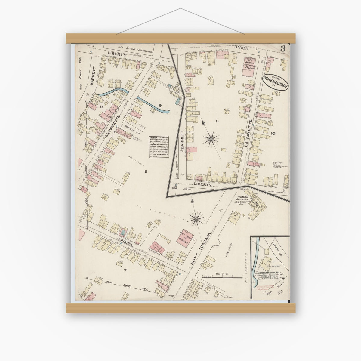 Old map wall art mockup — magnetic wood frame on white wall — Sanborn Fire Insurance Map from Schenectady, Schenectady County, New York (1884), Sheet #0003