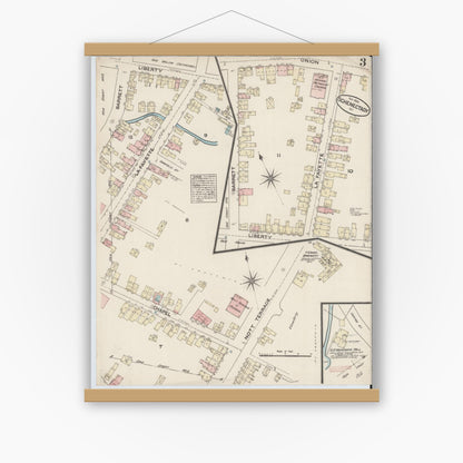Old map wall art mockup — magnetic wood frame on white wall — Sanborn Fire Insurance Map from Schenectady, Schenectady County, New York (1884), Sheet #0003