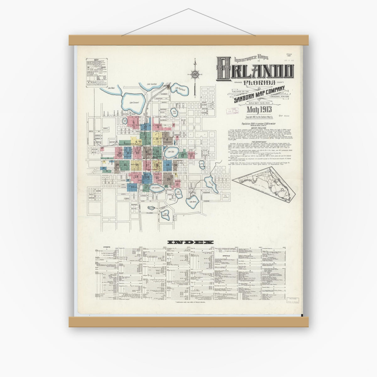 Old map wall art mockup — magnetic wood frame on white wall — Sanborn Fire Insurance Map from Orlando, Orange County, Florida (1913) - Complete Map Set