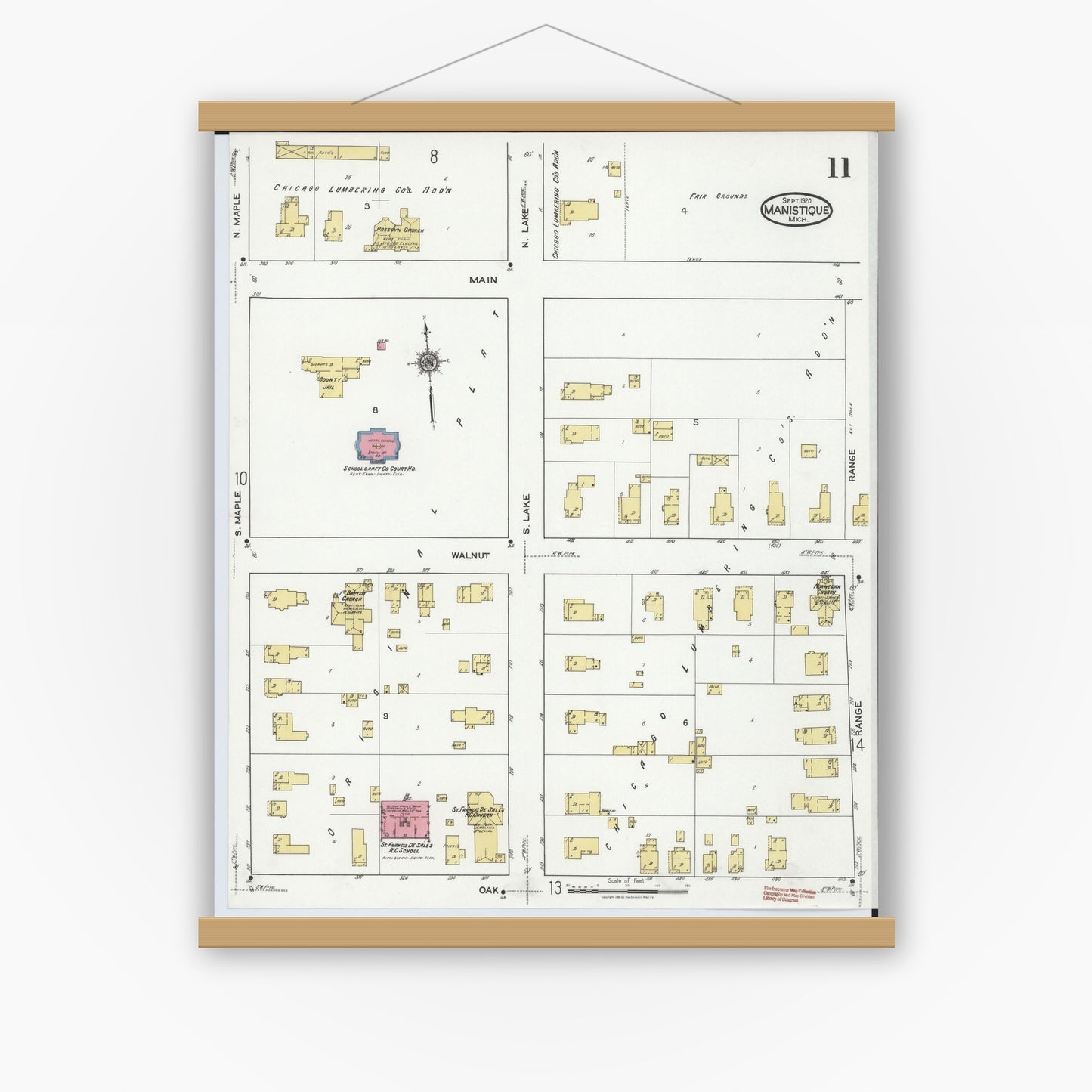 Old map wall art mockup — magnetic wood frame on white wall — Sanborn Fire Insurance Map from Manistique, Schoolcraft County, Michigan (1920), Sheet #0011