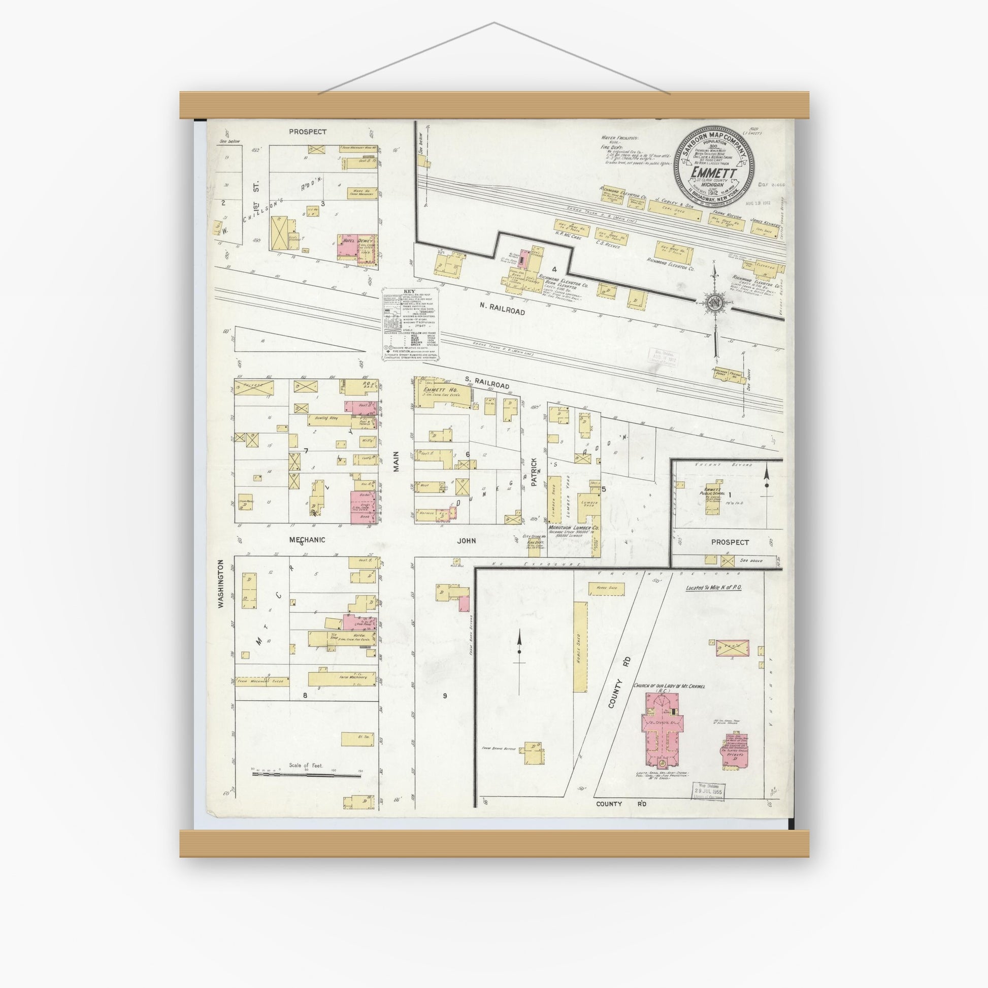 Old map wall art mockup — magnetic wood frame on white wall — Sanborn Fire Insurance Map from Emmett, Saint Clair County, Michigan (1912), Sheet #0001