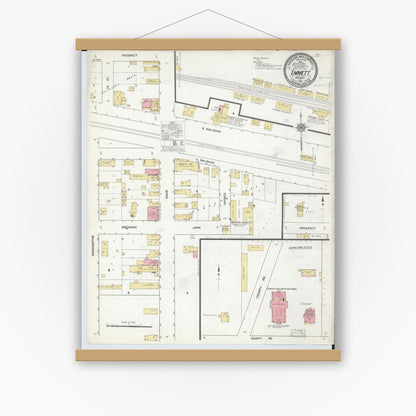 Old map wall art mockup — magnetic wood frame on white wall — Sanborn Fire Insurance Map from Emmett, Saint Clair County, Michigan (1912), Sheet #0001