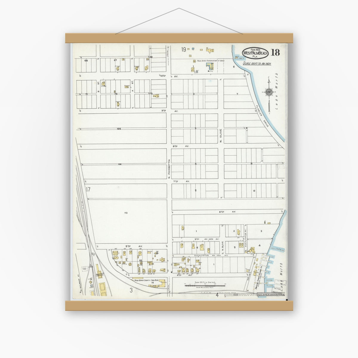 Old map wall art mockup — magnetic wood frame on white wall — Sanborn Fire Insurance Map from West Palm Beach, Dade County, Florida (1920), Sheet #0018