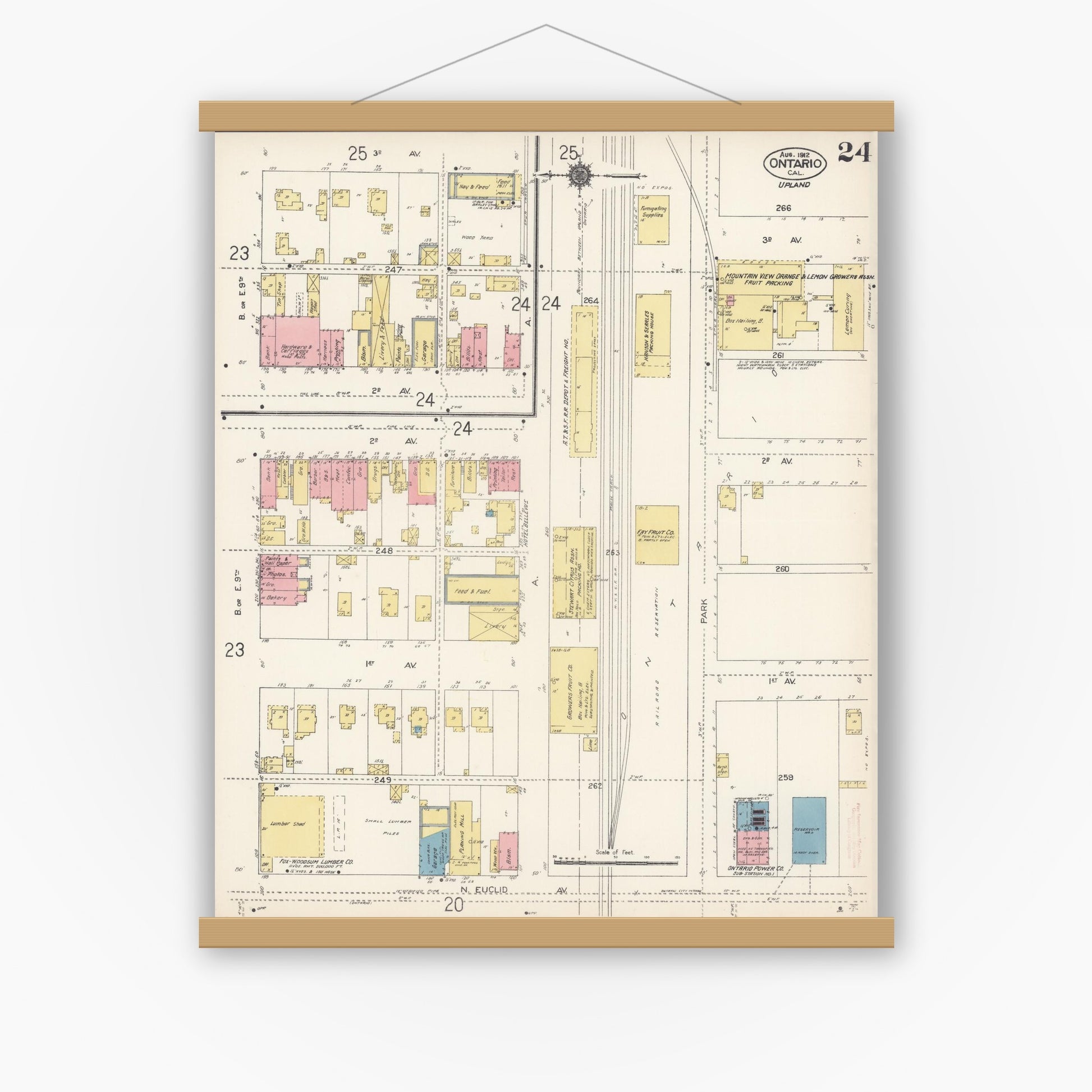 Old map wall art mockup — magnetic wood frame on white wall — Sanborn Fire Insurance Map from Ontario, San Bernardino County, California (1912), Sheet #0024