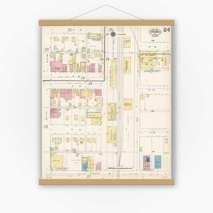 Old map wall art mockup — magnetic wood frame on white wall — Sanborn Fire Insurance Map from Ontario, San Bernardino County, California (1912), Sheet #0024
