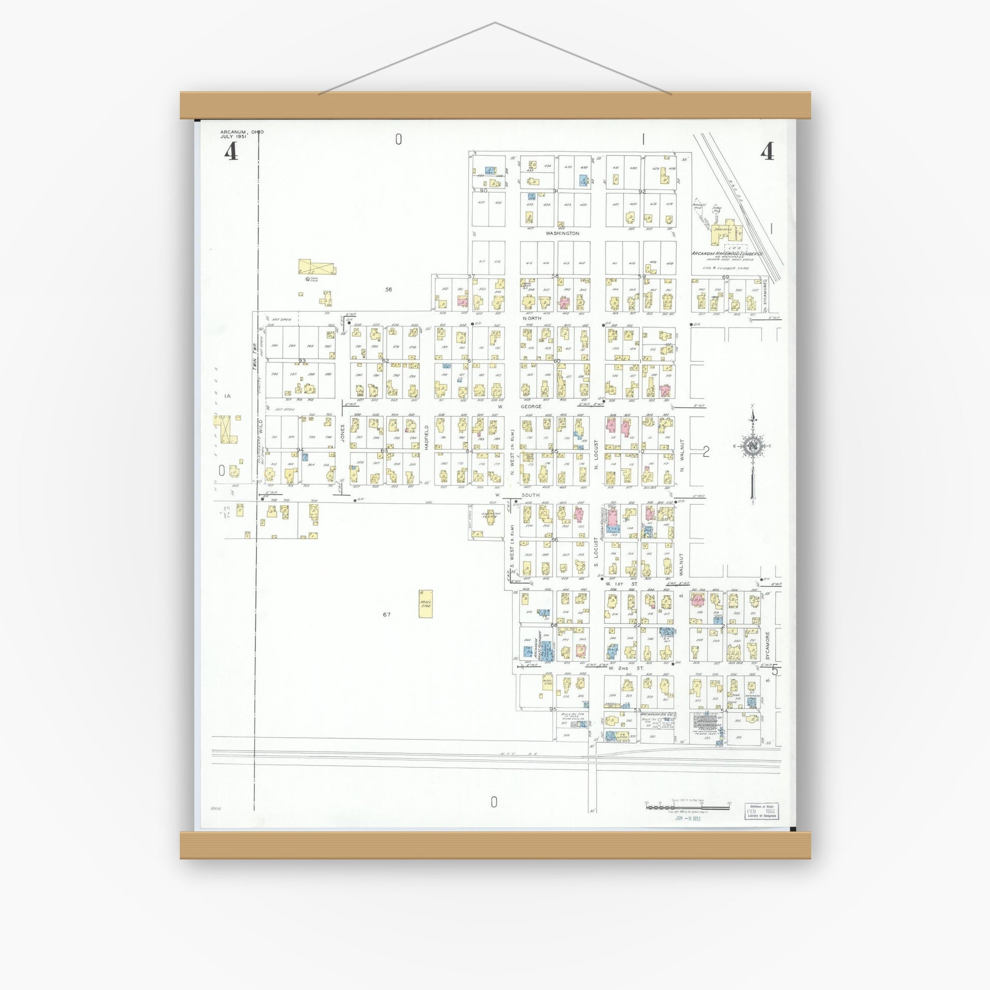 Old map wall art mockup — magnetic wood frame on white wall — Sanborn Fire Insurance Map from Arcanum, Darke County, Ohio (1951), Sheet #0004