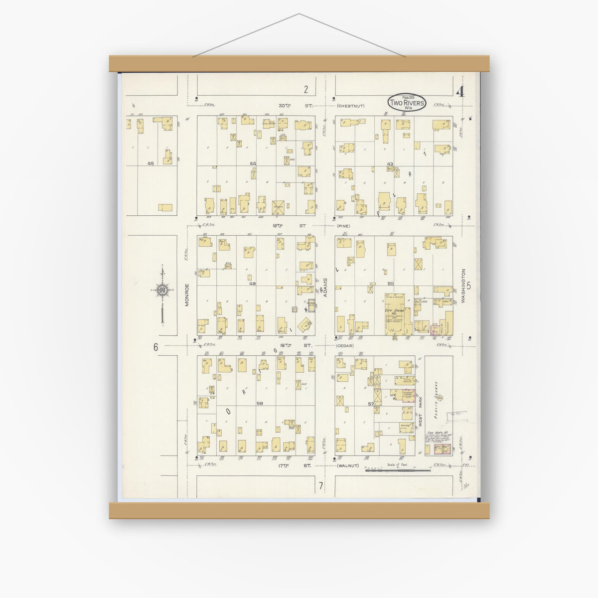 Old map wall art mockup — magnetic wood frame on white wall — Sanborn Fire Insurance Map from Two Rivers, Manitowoc County, Wisconsin (1913), Sheet #0004