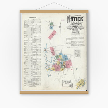 Old map wall art mockup — magnetic wood frame on white wall — Sanborn Fire Insurance Map from Natick, Middlesex County, Massachusetts (1915), Sheet #0001