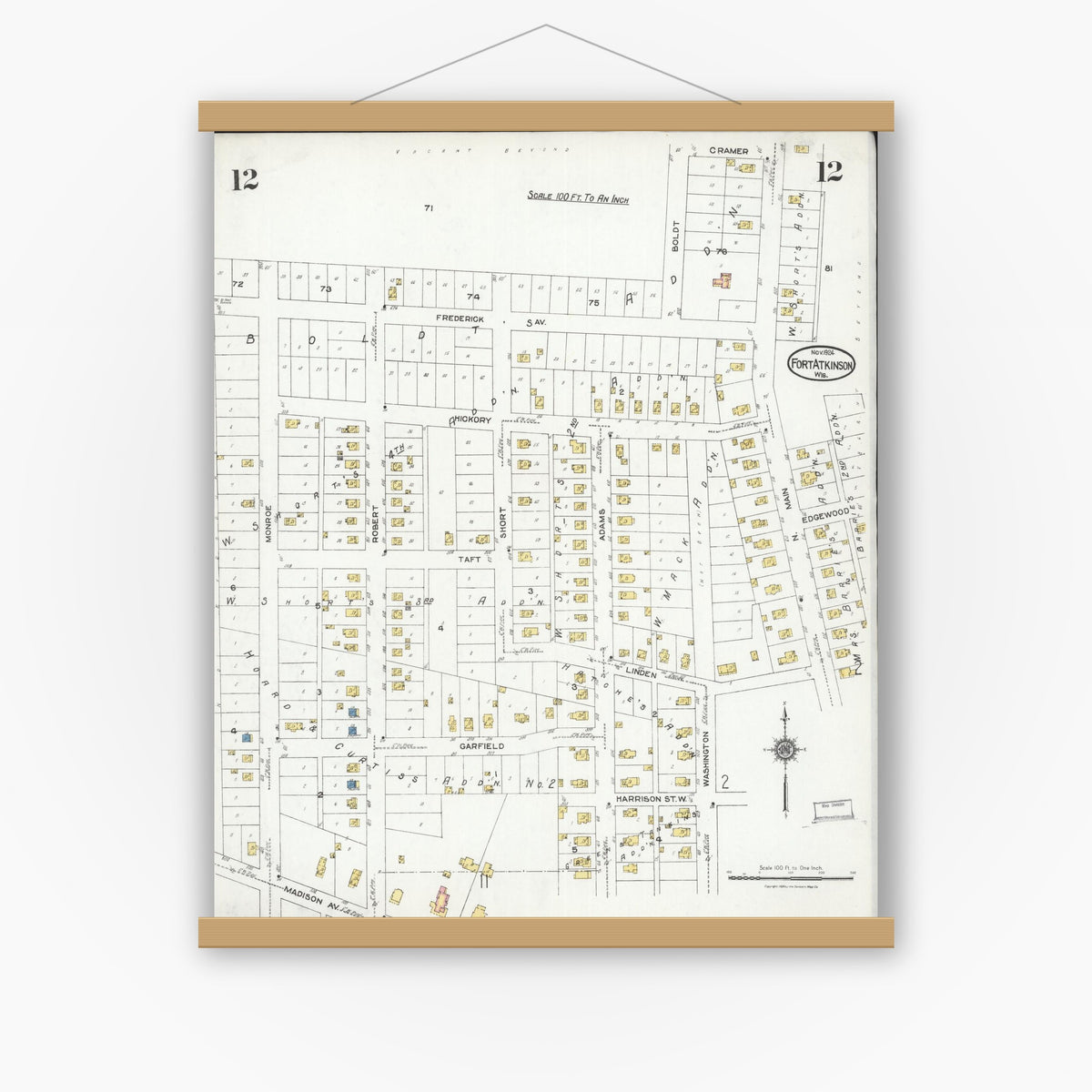Old map wall art mockup — magnetic wood frame on white wall — Sanborn Fire Insurance Map from Fort Atkinson, Jefferson County, Wisconsin (1924), Sheet #0012