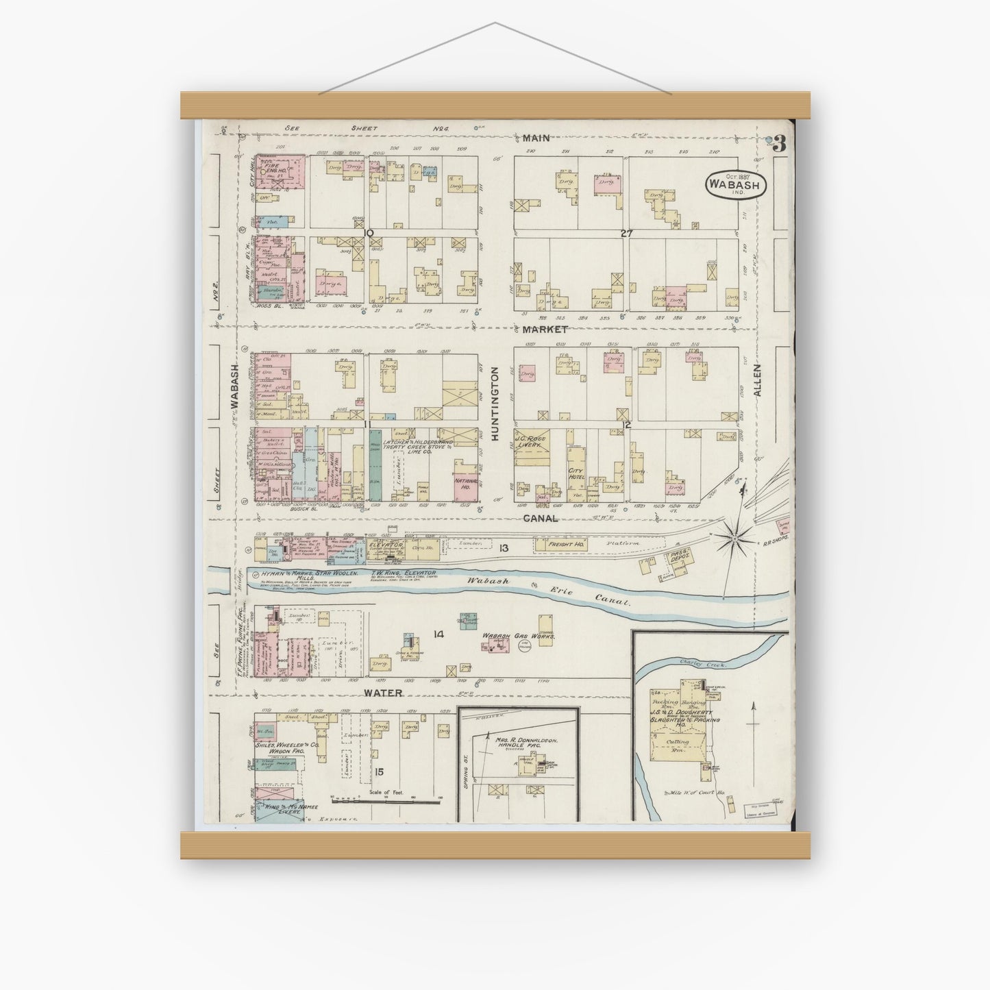 Old map wall art mockup — magnetic wood frame on white wall — Sanborn Fire Insurance Map from Wabash, Wabash County, Indiana (1887), Sheet #0003