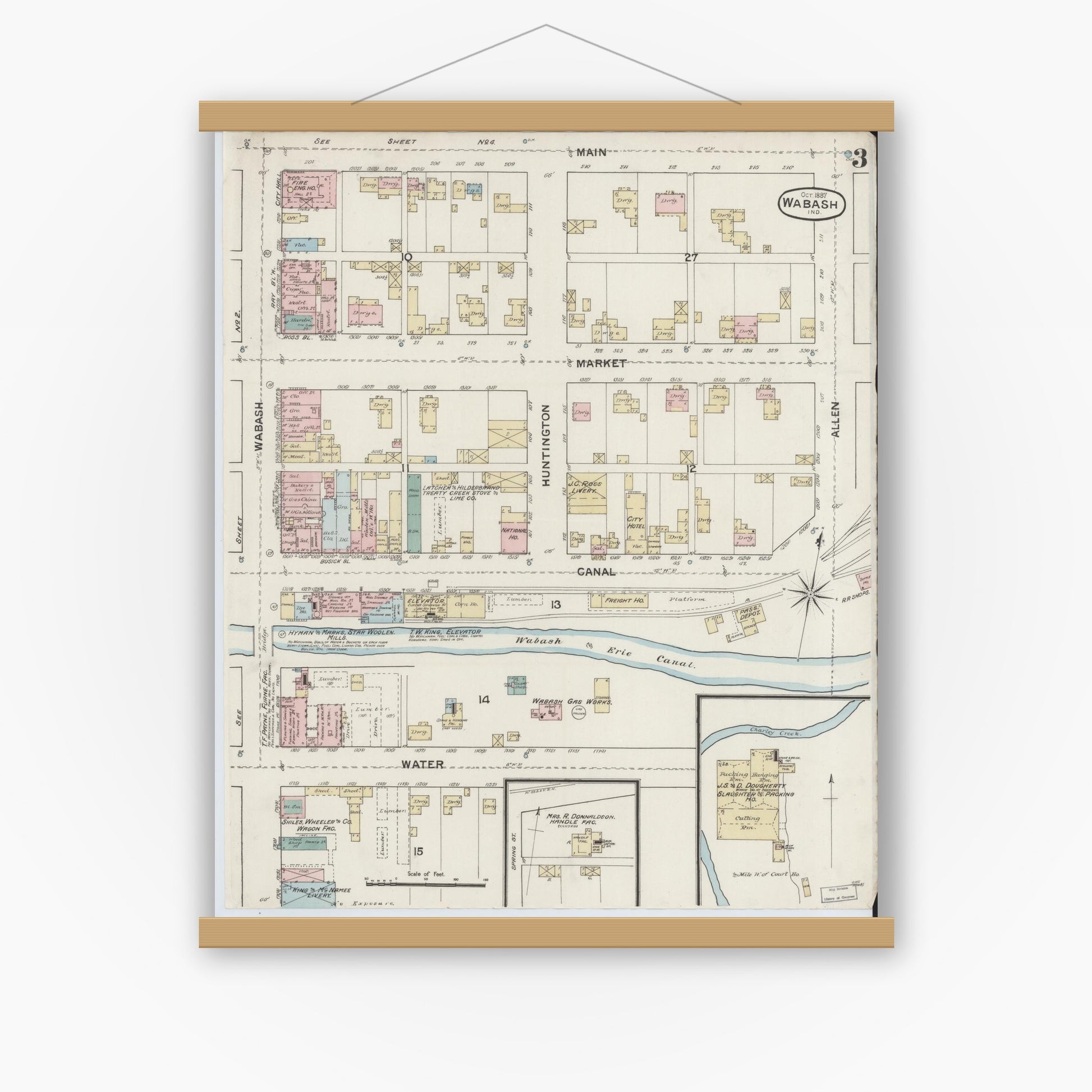 Old map wall art mockup — magnetic wood frame on white wall — Sanborn Fire Insurance Map from Wabash, Wabash County, Indiana (1887), Sheet #0003