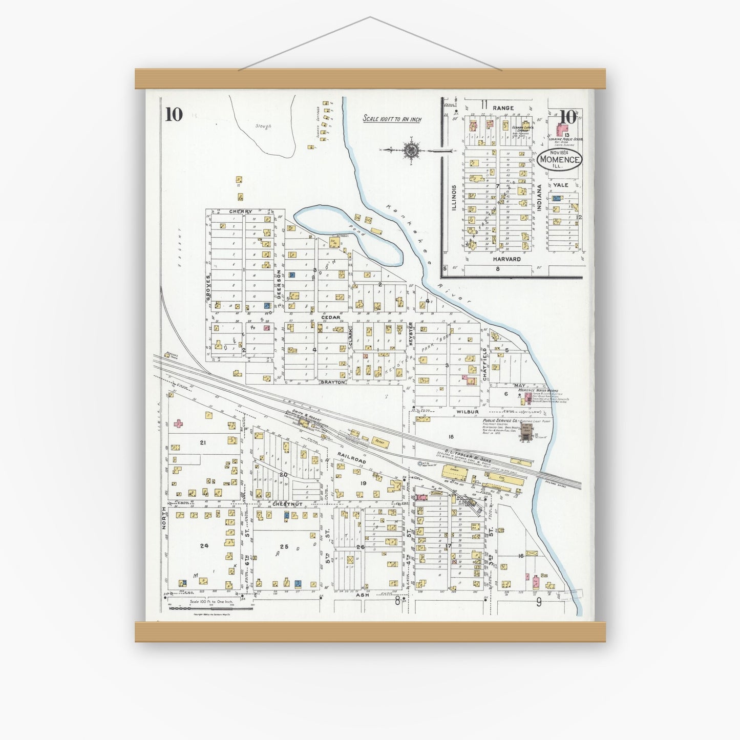 Old map wall art mockup — magnetic wood frame on white wall — Sanborn Fire Insurance Map from Momence, Kankakee County, Illinois (1924), Sheet #0010